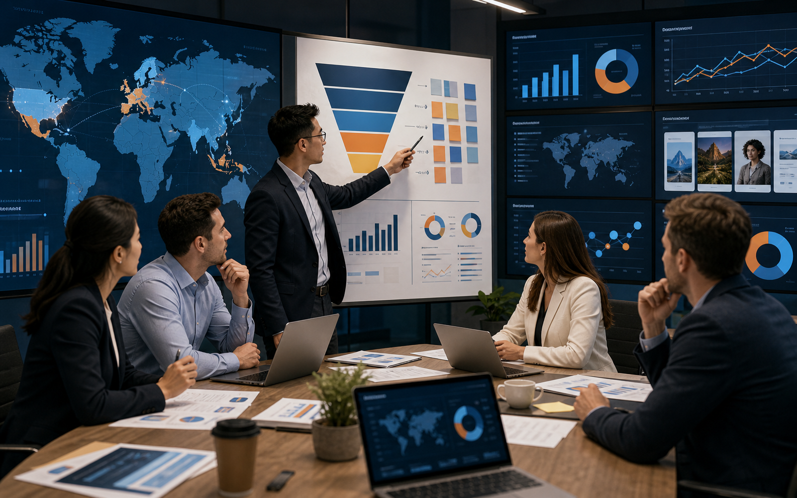Cross-border ecommerce advertising strategy meeting with channel performance review